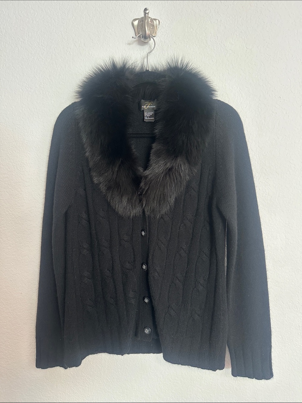 Pure cashmere cardigan fox fur removable collar L